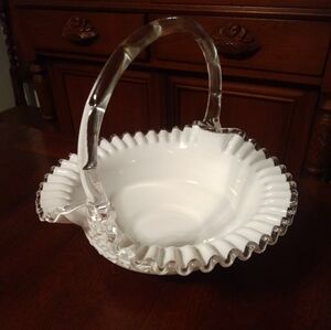 Vintage large Fenton silver crest Spanish lace basket with bamboo handle 10"